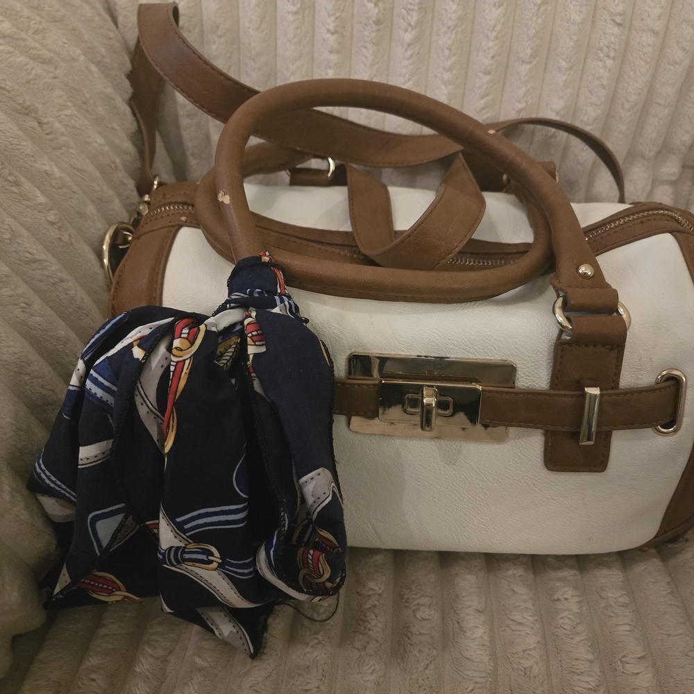 Aldo White and Brown Satchel with Navy Scarf Accent